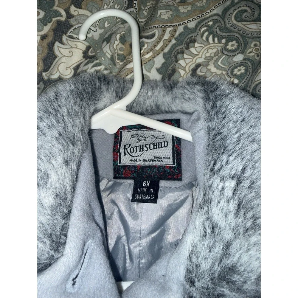 Vintage Rothschild‎ Girls 100% Wool Dress Coat Gray Faux Fur Size 6x Flare